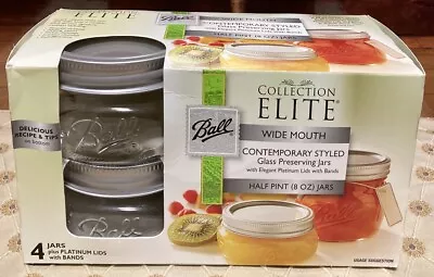 Ball Collection Elite Mason Jars 8 Oz.  1/2 Pint Wide Mouth 4 Pack New! • $34.99