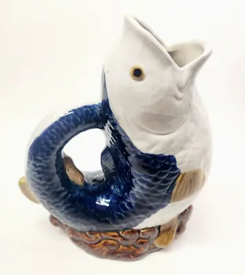 Vtg Majolica Gluggle Jug Vase Koi Carp Jug Pitcher Detailed Handpainted 8.5  • $68