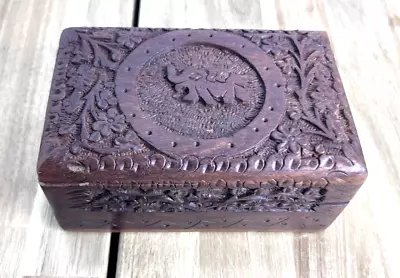 Hand Carved Wooden Hinged Trinket Jewelry Box Elephant Inlaid Floral BEAUTIFUL • $14.95