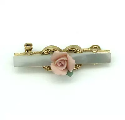 Vintage Victorian Style Rose & Mother Of Pearl Bar Brooch Gold White Pink • $13.95