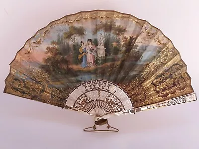 19th C. VICTORIAN FRENCH  MOTHER OF PEARL & HAND PAINTED PAPER BRISE FAN. • $350