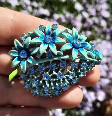 Vtg Hand Painted 2 Tone Blue Flower Basket Bouquet Brooch Pin Rhinestones Estate • $22