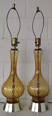 Pair Of Mid Century Empoli Murano Italian Amber Diamond Optic Glass Table Lamps • $132.50