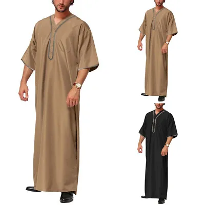 UK Mens V Neck Short Sleeve Islamic Arab Kaftan Jubba Arabic Thawb Caftan Dress • £14.87