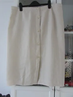 JAEGER Fully  Lined  Off Side Button Front  Cream Linen Midi  Skirt ~ Size 16 • £12.99