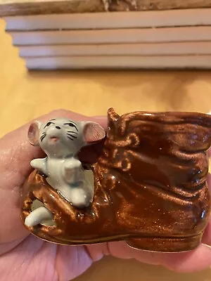 Vintage Japan Ceramic Mouse In Boot Planter/Toothpick Holder • $6