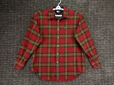 Vintage Tommy Hilfiger Shirt Mens Medium Red Plaid Flannel Button Up Long Sleeve • $11.78