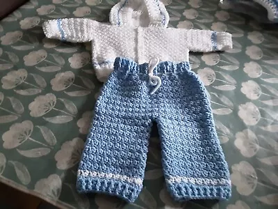 A New Hand Crochet Baby Boy Hooded  Jacket And Trouser Set White & Blue 3 - 6... • £7