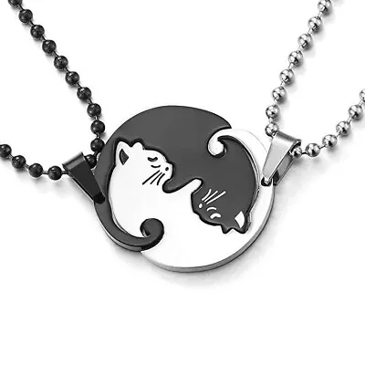 2x Kitty Cat Interlock Couple Friendship Stainless Steel Necklace For Men Women • £4.99