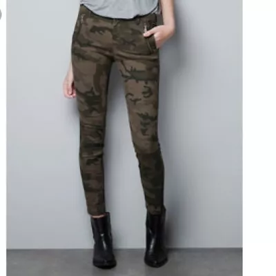 NEW Women's Zara Camouflage Moto Zip Stretch Skinny Pants Size 6 Ankle Zip RARE • $29.95