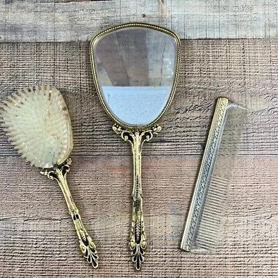 Vintage Gold Plated Hand Mirror Hair Brush Comb Set Princess Cherubs • $50