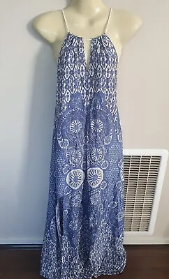 Ava Blue White Halter Maxi Dress Size 8-10 Floral Print Geometric Geo • $19.99