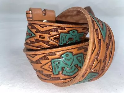 VTG Mens 32 Tooled Brown Leather Western Thunderbird Southwestern Indian Belt • $55