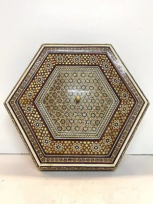 Anglo Indian Micro Sedeli Multi Color Wood & Brass Hexagon Shape Jewelry Box • $270