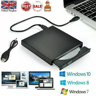 £13.99 • Buy External CD/DVD Drive USB  Portable Slim DVD/CD Rom Rewriter Burner Writer