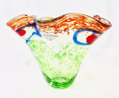 VIZ ART GLASS HAND BLOWN RUFFLED EDGE Green Orange Blue BOWL 6” Org. Viz Sticker • $47