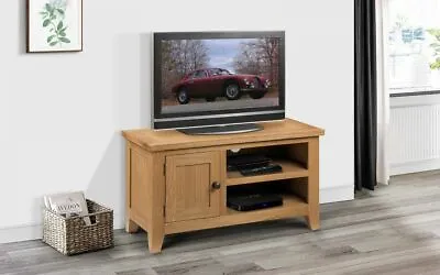 Solid Oak Waxed Finish Shelves 1 Door Tv Unit W90cm X D40cm X H50cm TORI • £339