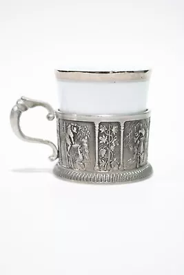 Vintage White Porcelain Silver Trim Demitasse/Espresso Cup Pewter Holder/Base • $24.99