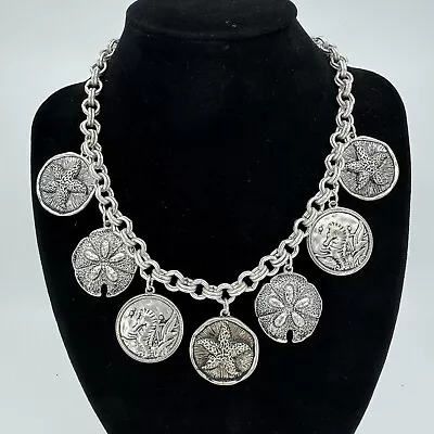 Chunky Seashell Medallion Charm Beach Themed Statement Silver Tone Necklace 20” • $16.99