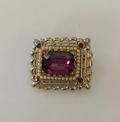 Vintage Faceted Purple Amethyst Seed Pearl Gold Tone Brooch Pin • $9.99