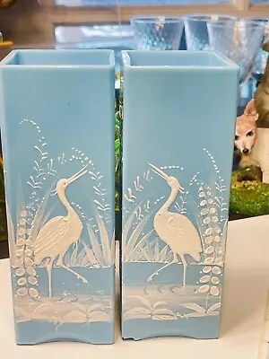 French Blue Milk Glass 7” Square Vase Set Painted Heron Bird Vintage To Antique • $225