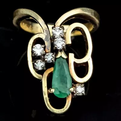 1970s Emerald Diamonds 14k  Yellow Gold Cocktail Ring Modernistic Vintage • $698