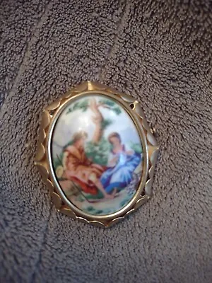 Antique Limoges Brooch Pastoral Scene Gold Edging • £65.56