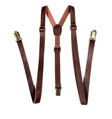 NEW Punk Skinny Brown Leather Vintage Look SUSPENDERS SUPER NARROW 1/2   • $9.98