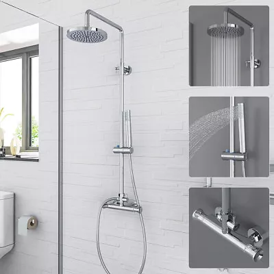 Bathroom Chrome Thermostatic Shower Mixer Kit Twin Head Exposed Round Bar Set • £66.97