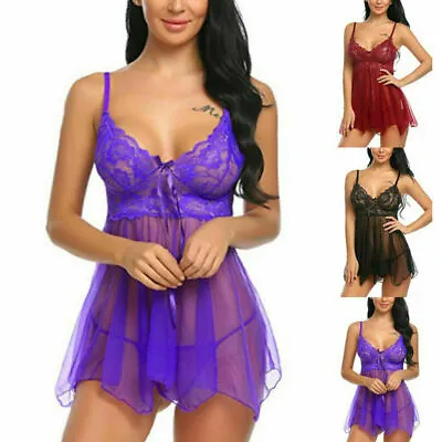 $12.49 • Buy Womens Sexy Lace Lingerie Babydoll G-String Underwear Sleepwear Dress Nightdress