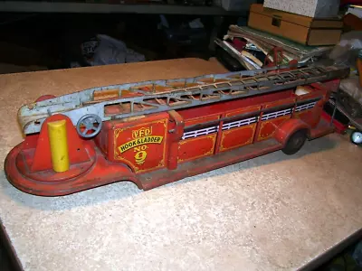 Antique Vintage Tin Toy Lumar Fire Engine Ladder Truck Trailer ONLY • $15