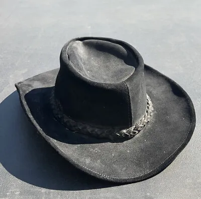 Minnetonka Black Genuine Suede Leather Cowboy Hat Medium Cowboy Outback Sz 7.5” • $39.90