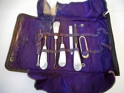 Vintage Victorian Mother Of Pearl Manicure Set In Silk-Lined Leather Case • $15