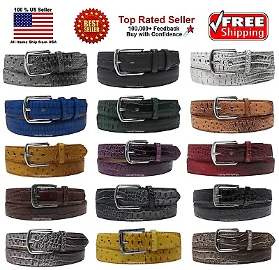 MEN FAUX ALLIGATOR CROCODILE SKIN GENUINE LEATHER STITCHED BELT W BELT BUCKLE • $8.90