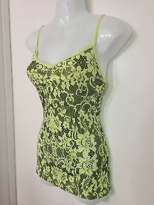 Kirra Yellow Black Sexy V Tank Top Cami /Shelf Bra Adjustable Straps Lace Trim S • £24.32