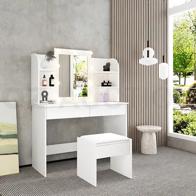 $269.95 • Buy Dressing Table Stool Mirror Makeup Jewellery Cabinet Table Drawer W/Light Bulbs