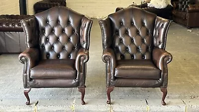 Stunning Pair Of Thomas Lloyd Canterbury Leather Chesterfield Wing Back Chairs • £950
