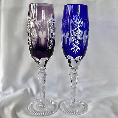 Nachtmann Traube 9  Sapphire & Amethyst Champagne Flute Cut-Clear Glass Set Of 2 • $95