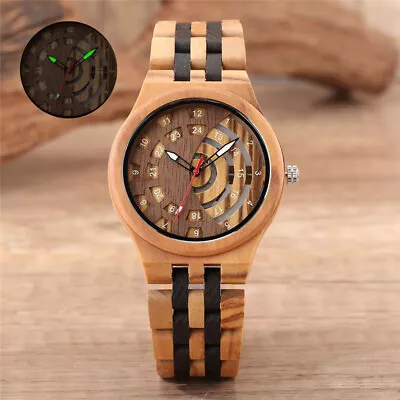 Men's Half Hollow Watch Full Wood Watch Wooden Quartz Dial Luminous Hands Gifts • $41.78