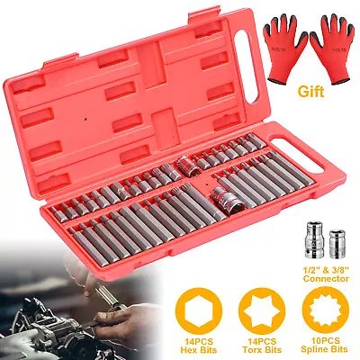 40pc 3/8  1/2  Torx Star Spline Chrome Hex Socket Power Bit Set Drive+Gloves US • $25.84