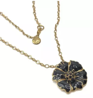 J Crew Gold Tone Black Enamel Flower Pendant Necklace • $13.59