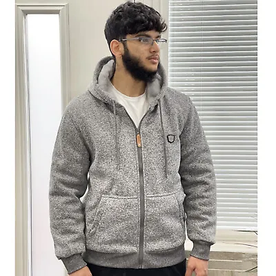 Mens Fur Lined Hooded Jacket Luxury Sherpa Zip Up Winter Padded Fleece Hoody Top • £25.99