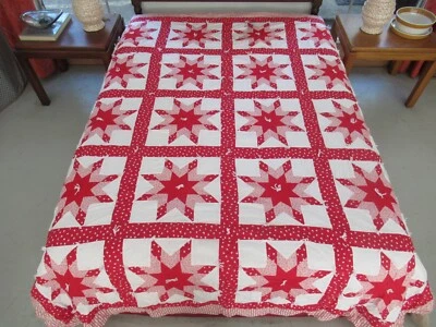 $15 • Buy QUEEN Vintage Machine Sewn Cotton RED & WHITE W/ Hearts PRAIRIE STAR Tied Quilt