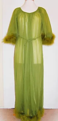 VTG Jenelle Sheer Nylon Nightgown Green Lingerie Marabou Feathers Size Medium • $180