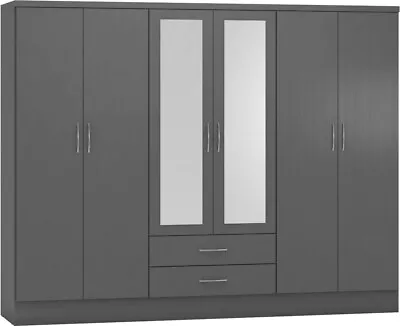 Nevada 6 Door 2 Drawer Mirrored Wardrobe In 3D Effect Grey Finish Hanging Rail  • £389.99