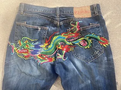 Mens 36X34 VTG Ed Hardy Christian Audigier 2008 Dragon Embroidered Jeans EUC • $180