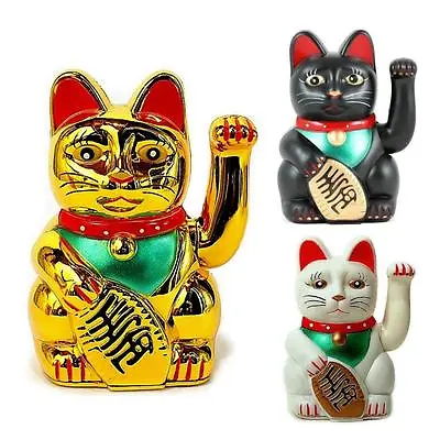 LUCKY BECKONING CAT 5  And 6  Waving Kitty Maneki Neko Gold White Black Wealth • $11.95
