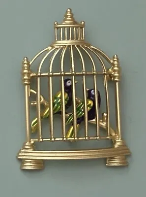 Bird In  Cage  Vintage Style  Large Brooch  Enamel On Gold Tone Metal • $12.80