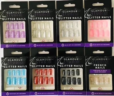 12 X Press On False Nails Polished Painted Glitter French Manicure Set With Glue • £3.49