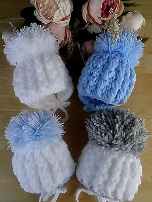 Hand Knitted Baby Hat Boy Girl Crochet Pom Pom Ties White Blue Grey Newborn 0 3m • £9.99